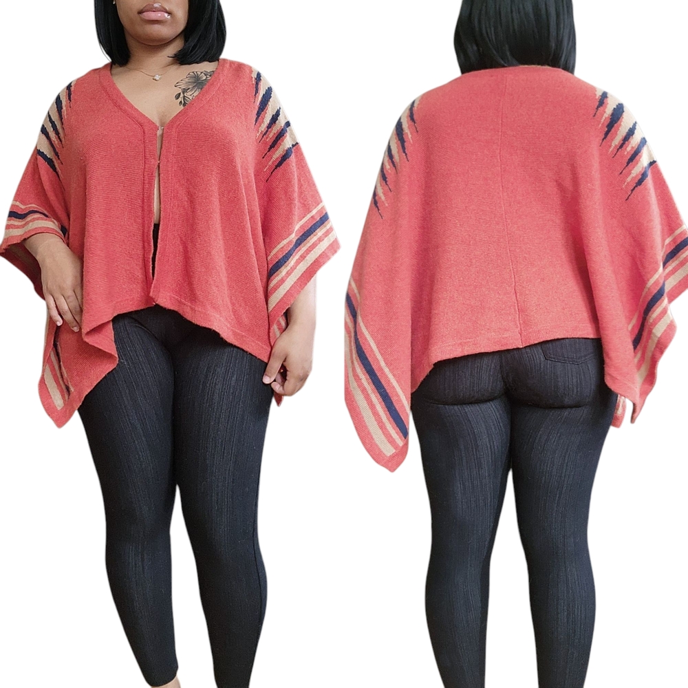 💚Ya Los Angeles Orange & Tan Poncho Cardigan Knit Sweater☆ - Picture 1 of 1